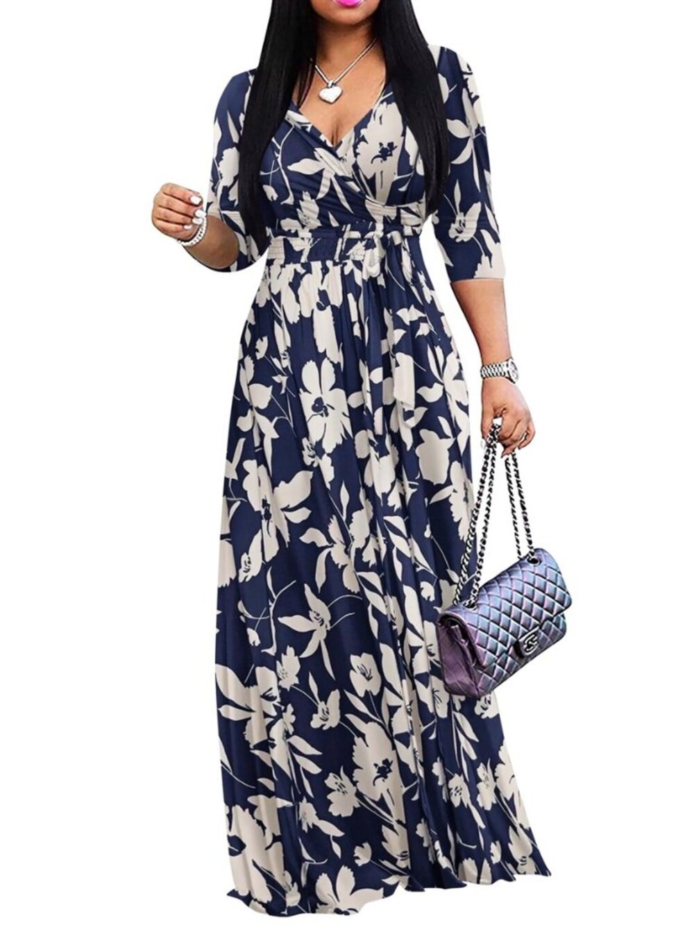 Womens Casual Summer Maxi Dress Plus Size Sexy Wrap V Neck 3/4 Sleeve Sundress